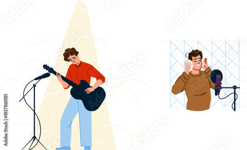 Musician man performing and recording music in studio