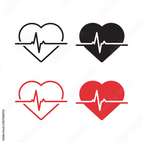 Heartbeat Line Heart Icon Set. Medical Pulse Symbol Graphics Vector Illustration