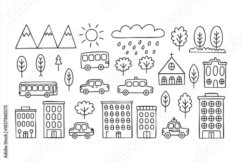 Urban landscape illustration pack featuring vehicles, trees, and architecture