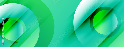 Abstract composition. Overlapping circles create dynamic visual effect. Gradient shades of green dominate design. Modern, clean aesthetic.