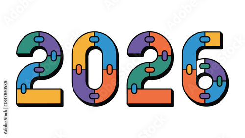Puzzle of Years: A vibrant illustration of the year 2026, creatively constructed from interlocking puzzle pieces. A playful concept with a message of unity and collaboration