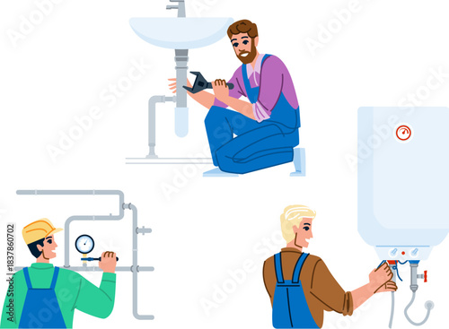 Plumbing service workers repairing and installing water systems