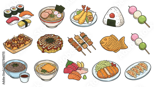 Japanese food icons. Sushi, ramen, tempura, yakitori, onigiri. Various dishes on plates. Vector illustration of Asian cuisine. Food and drink symbols. White background. Meal and snack