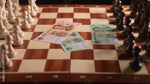 Chess pieces on a chessboard with chinese yuan banknotes underneath. Game theory and strategy concept for business finance.
