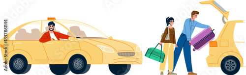 Taxi driver waiting while couple loads luggage into car trunk
