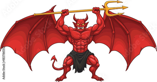 Fantasy red demon creature with wings, golden trident, horns, muscular body, fierce expression, mythological monster, cad drawing flat vector illustration
