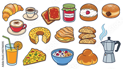 Breakfast food icons. Set of 15 breakfast items. Croissants, bread, pastries, donuts, coffee, juice, pizza. Vector illustration on white background.