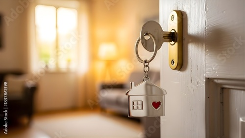 Close-up of a house-shaped keychain with a heart symbol dangling from a door lock, symbolizing home ownership and real estate