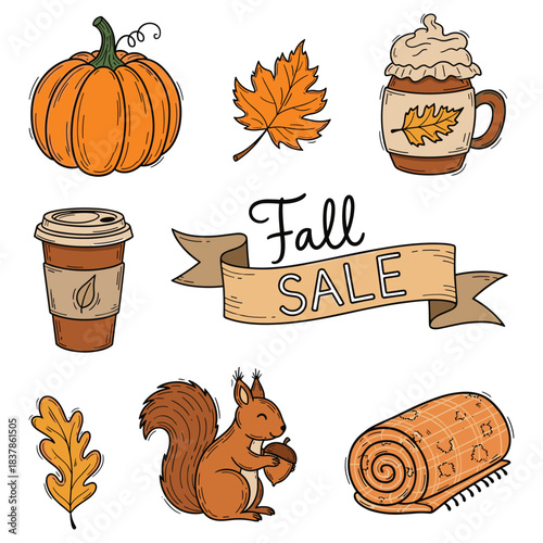 Fall sale icons. Vector illustration of autumn symbols. Pumpkin, leaf, coffee, squirrel, roll cake. Seasonal sale banner. White background.