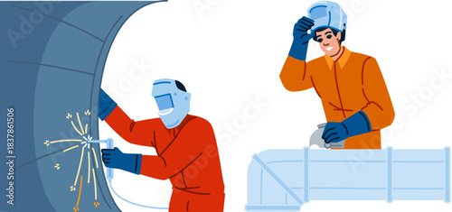 Industrial workers performing welding and pipe fitting tasks