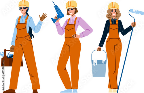 Woman builders performing diverse construction and renovation tasks