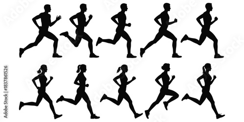 Male and Female Runners Silhouettes in Motion Sequence on White Background running
