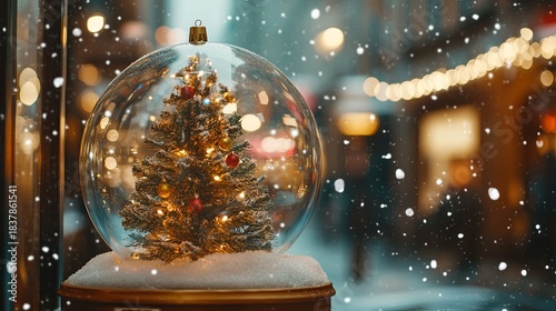 Shiny Christmas tree inside a snow globe, sparkling lights, soft snow falling, magical winter scene .
