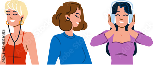 Diverse women enjoying music using various headphones devices