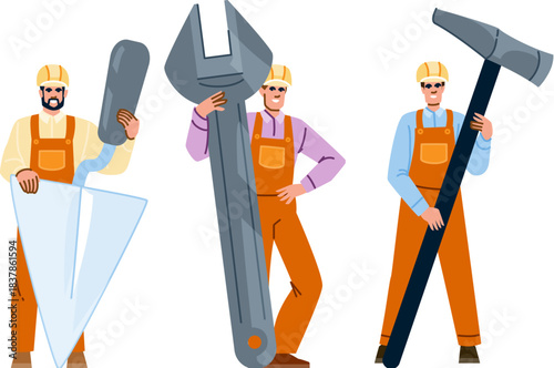 Workers holding oversized construction and building tools