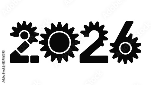 Future Outlook: A minimalist, high-contrast illustration of the year 2026, where the numbers are cleverly integrated with gears, representing the machinery and mechanics that drive progress.