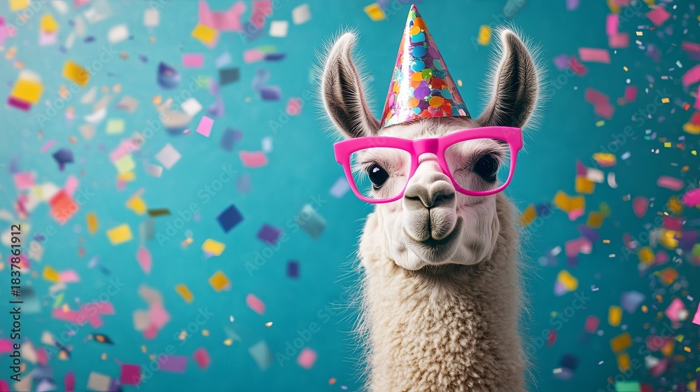 Fototapeta premium A playful llama with pink glasses and a party hat, surrounded by colorful confetti. .