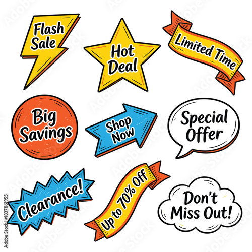 Set of sale and discount icons. Vector illustration of shopping labels. Flash sale, hot deal, limited time offer, big savings, shop now, special offer, clearance, up to 70% off, don't miss