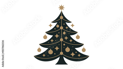 Festive Evergreen Delight: An elegantly adorned Christmas tree stands tall, radiating holiday cheer with its ornaments and star-topped peak.