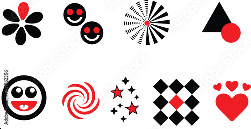 Abstract symbol set, geometric icons, playful graphic motifs, black red white palette, vector illustration, stock design, visual concept