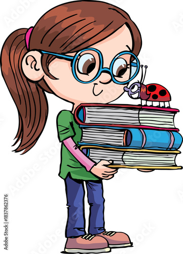 the girl is carrying books with a ladybug on them