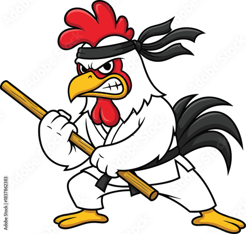 Cartoon rooster, martial arts costume, karate gi, black belt, staff weapon, warrior pose, intense expression, humorous animal character