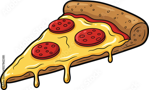 Cartoon pepperoni pizza slice, gooey cheese, dripping texture, red toppings, bold colors, food art, vector illustration, snack