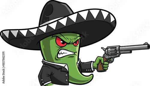 Angry chili pepper, cartoon outlaw, mariachi outfit, sombrero, revolver, red eyes, spicy character, vector art, Mexican theme