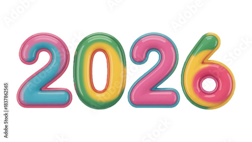 Vision of the Future: The year 2026 is vividly displayed in a spectrum of vibrant colors, each digit rendered with a smooth, glossy finish, suggesting optimism and innovation.