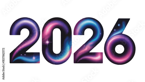 Cosmic Year: 2026: An enchanting, celestial design of the year 2026, painted with vibrant nebula-inspired colors, symbolizes a gateway to future realms of wonder.