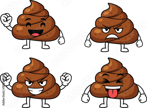 Cartoon poop emojis, expressive faces, funny characters, angry, mischievous, laughing, smiling, vector art, emoji set, humor