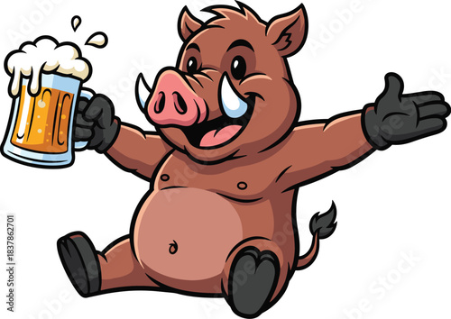 Cartoon wild boar holding beer mug with cheerful and welcoming expression
