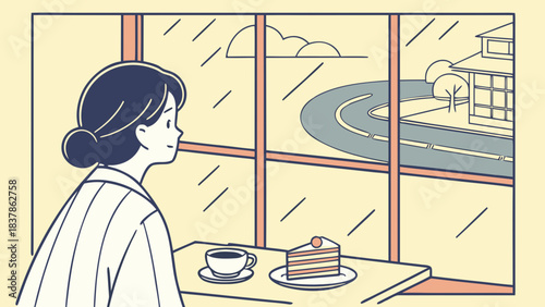 A young woman with her hair in a bun sits at a table in a cafe, looking out the window at a curved road and a building.