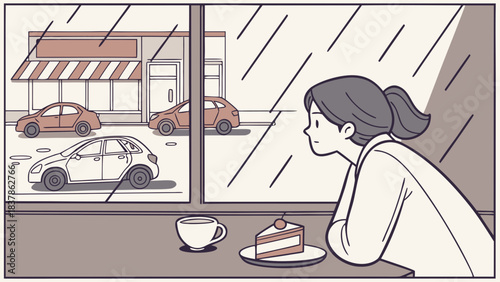 A young woman sits at a cafe window, looking out at the rainy street with a slice of cake and a cup of coffee.
