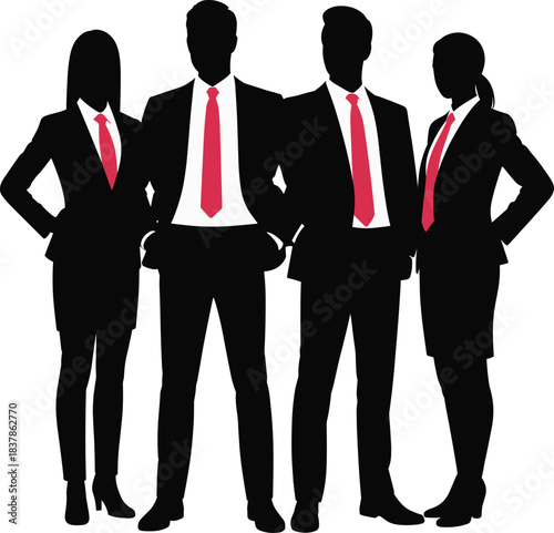 Business team silhouette, red ties, professional attire, confident pose, teamwork concept, vector illustration, stock design, corporate identity