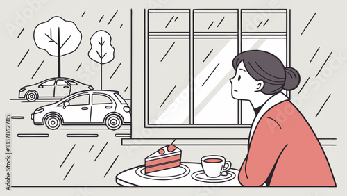 A woman sits by a window in a cafe, enjoying coffee and cake while watching the rain fall outside.