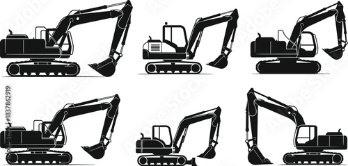 Set of excavator silhouettes in varied operational poses for construction and industrial use