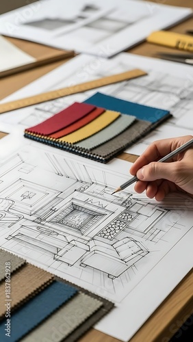 Interior design sketch with fabric swatches and hand holding pencil drawing fireplace