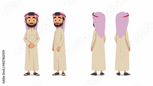 Cartoon illustration of a young Arab man wearing traditional clothing from multiple angles, showcasing his attire and features