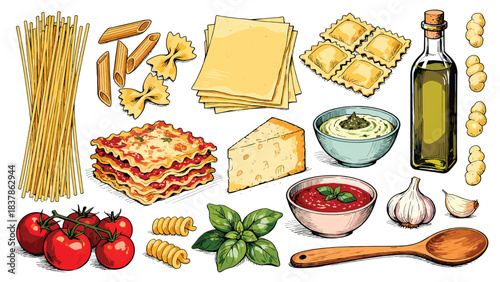 Italian food ingredients. Vector illustration of pasta, cheese, tomatoes, sauce, olive oil, garlic, basil. Ingredients for cooking Italian dishes. Flat style food icons. White background.