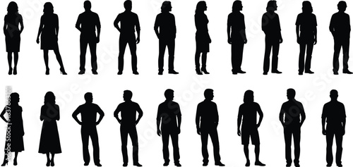 Silhouettes of diverse standing individuals in varied postures, outfits, and hairstyles