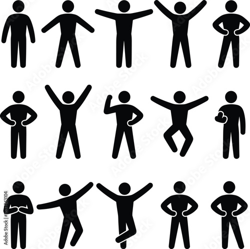 Set of black stick figure icons depicting various human poses and actions person
