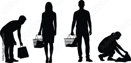 Silhouettes of people shopping with bags and baskets in varied postures and actions