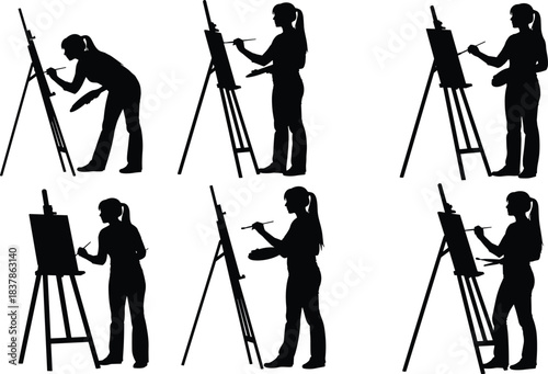 Silhouettes of person painting on easel in varied artistic poses and anglesSilhouettes of person painting on easel in varied artistic poses and angles
