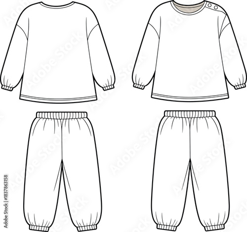 Children’s clothing set, long sleeve top, elastic pants, button shoulder detail, casual wear, vector illustration, stock design, fashion concept