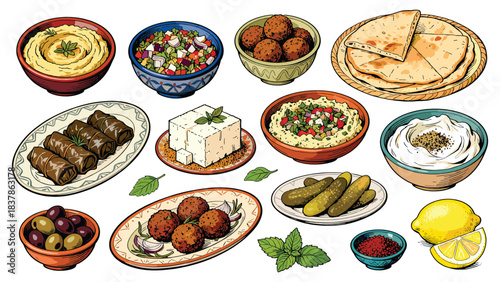 Middle Eastern food illustration. Various traditional dishes. Falafel, hummus, shawarma, tabbouleh. Mediterranean cuisine. Flat vector design on white background. Food icons. Oriental meal.