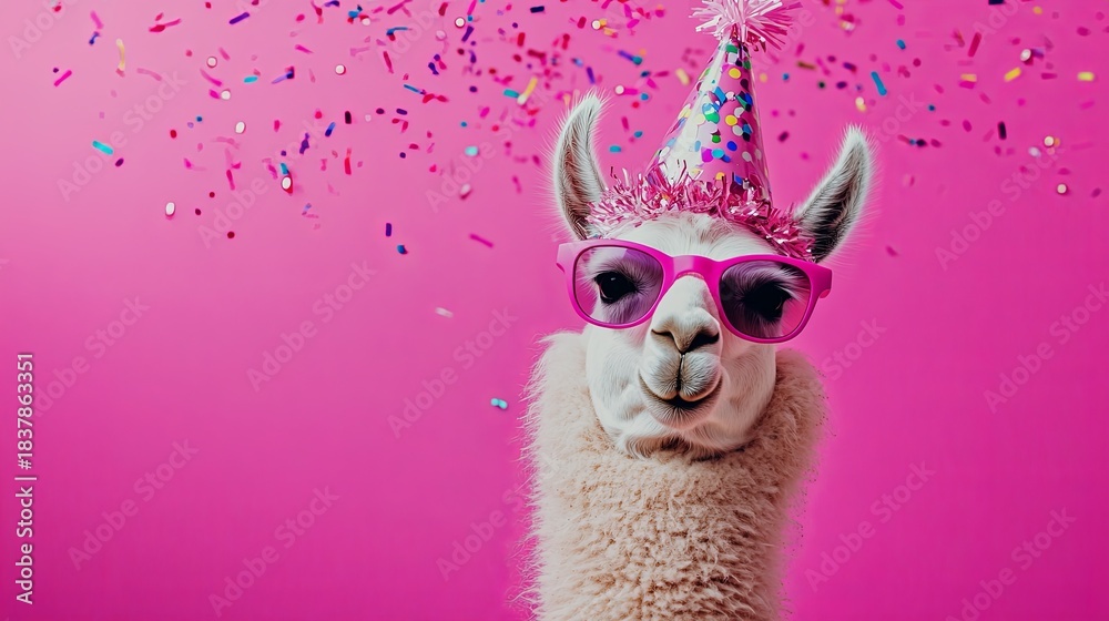 Fototapeta premium A cheerful llama with pink sunglasses on a vibrant pink backdrop, wearing a festive party hat with confetti. .