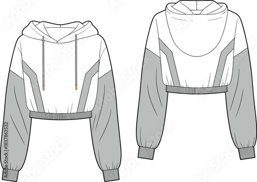MobileCropped hoodie front and back, color-block design, drawstring hood, ribbed hem, fashion sketch, garment construction, vector illustration, stock apparel