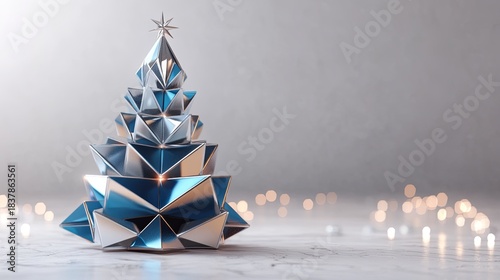 A striking blue and silver Christmas tree with geometric ornaments and sparkling lights on a white canvas .