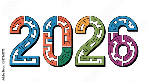 Navigating the Future: A colorful and intricate maze formation spells out the year 2026, offering a visual metaphor for the journey into tomorrow and the choices ahead.